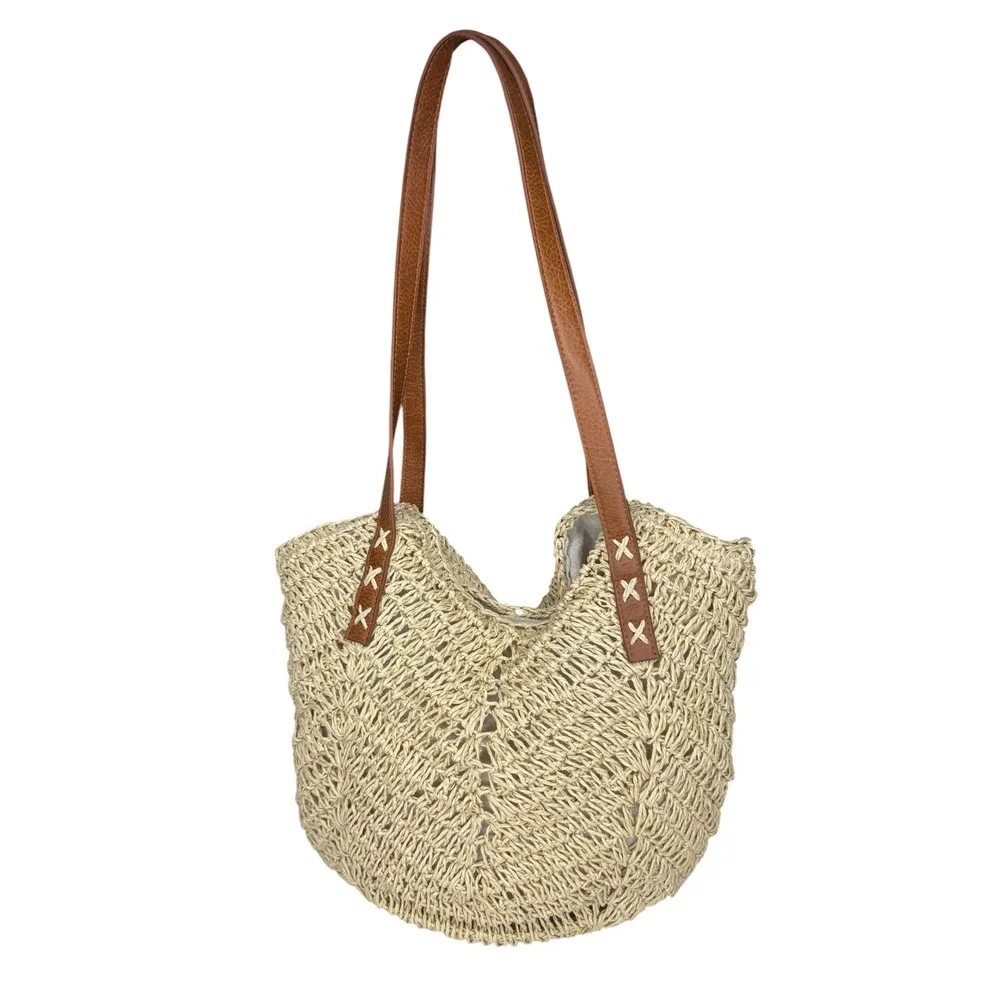 LinYooLi Woven Straw Crochet‎ Cream & Brown Faux Leather Straps Boho Tote Bag